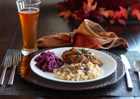 Jagerschnitzel with Bacon Mushroom Gravy and Spaetzle