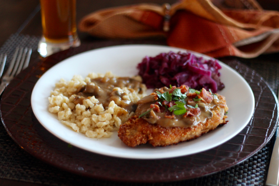 Jagerschnitzel with Bacon Mushroom Gravy and Spaetzle