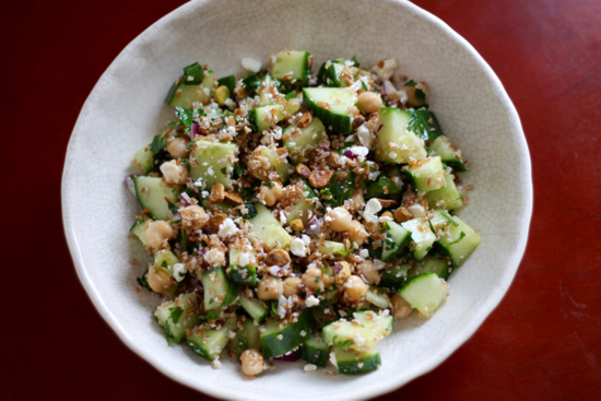 A take on Jennifer Aniston's perfect salad <3, this vegetarian Bulgur Salad recipe is refreshing, healthy & filling with cucumbers, garbanzo beans, feta & pistachios! | sarahnspice.com