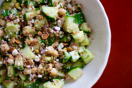 A take on Jennifer Aniston's perfect salad <3, this vegetarian Bulgur Salad recipe is refreshing, healthy & filling with cucumbers, garbanzo beans, feta & pistachios! | sarahnspice.com