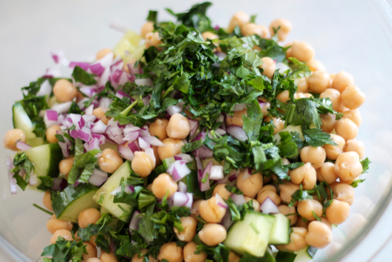 Cucumbers, garbanzo beans, red onion, basil and parsley for Bulgur Salad | sarahnspice.com