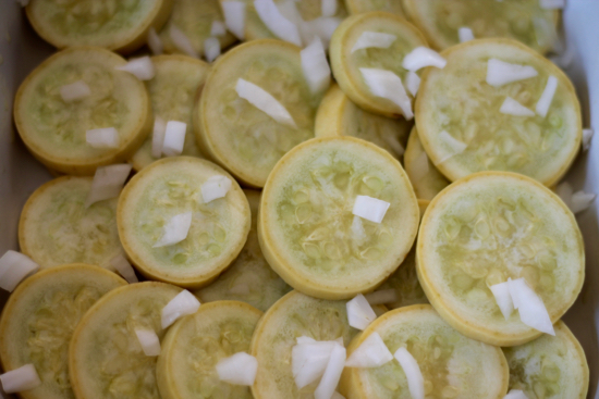 Squash and Onions for Baked Summer Squash. It's is simple, delicious and economical. The perfect side dish for summer. You'll be surprised how quickly it disappears. | sarahnspice.com