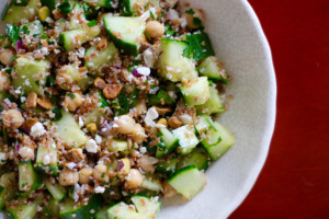 A take on Jennifer Aniston's perfect salad, this vegetarian Bulgur Salad recipe is refreshing, healthy & filling with cucumbers, garbanzo beans, feta & pistachios! | sarahnspice.com