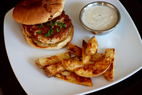Spicy Turkey Burgers with Blue Cheese Gravy and Fries